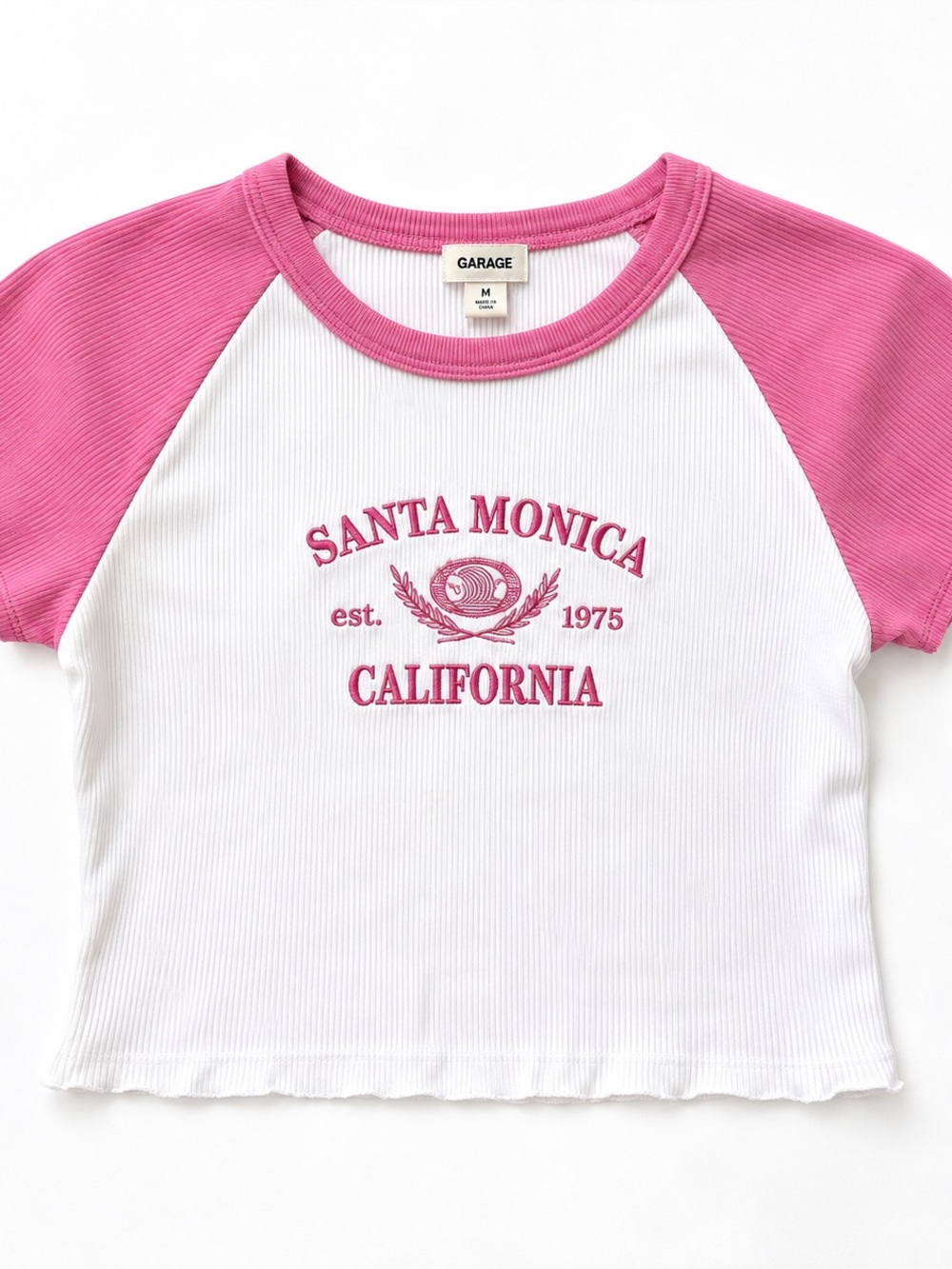Garage Santa Monica California Baby Tee Pink White Y2K Medium